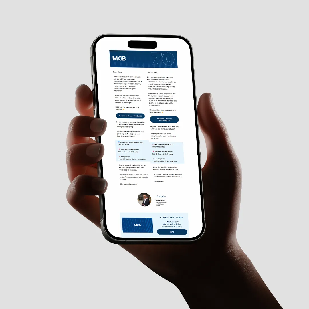 Invitation digitale Mailchimp pour les 70 ans de MCB Belgique avec lien Eventbrite — design Hugo Siffert