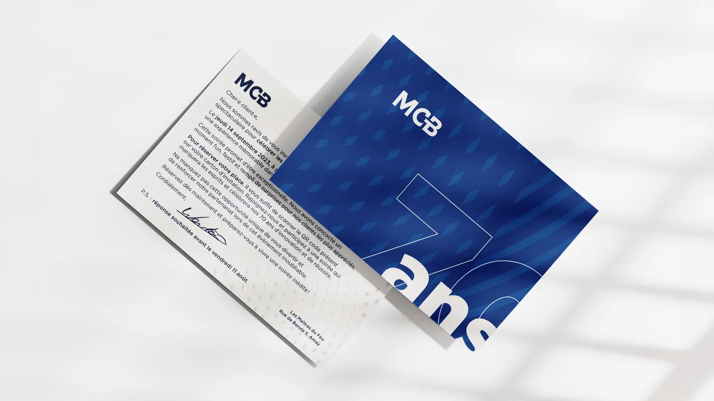 Invitation print avec finitions vernis sélectif pour l'événement 70 ans MCB Belgique