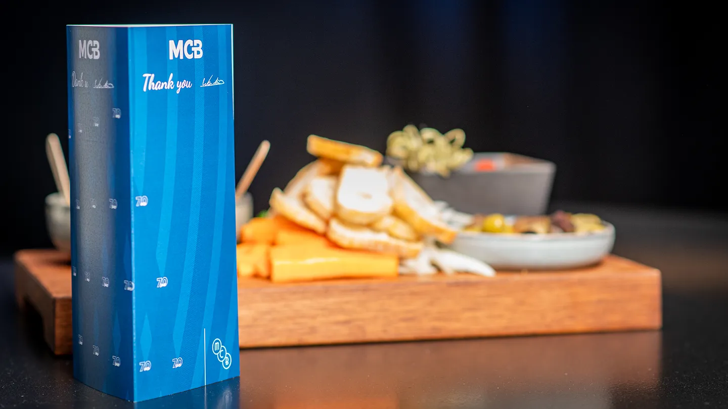 Triptyques de table pour la soirée des 70 ans de MCB Belgique — design Hugo Siffert