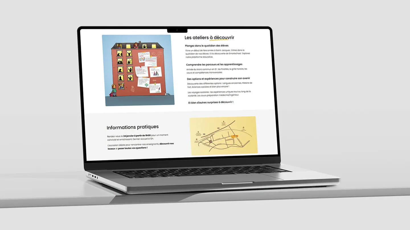 Landing page desktop pour la journée portes ouvertes du Lycée Saint-Jacques Liège - Design responsive, informations pratiques et formulaire d'inscription créés par Hugo Siffert