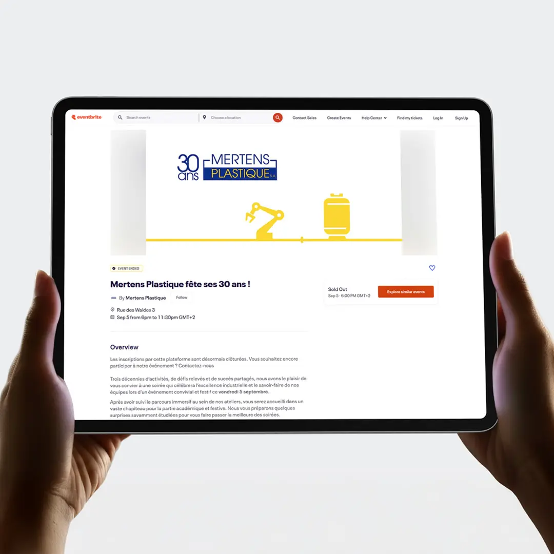 Page d'inscription Eventbrite pour la célébration des 30 ans Mertens Plastique - Design graphique créé pour optimiser les conversions et l'enregistrement des invités