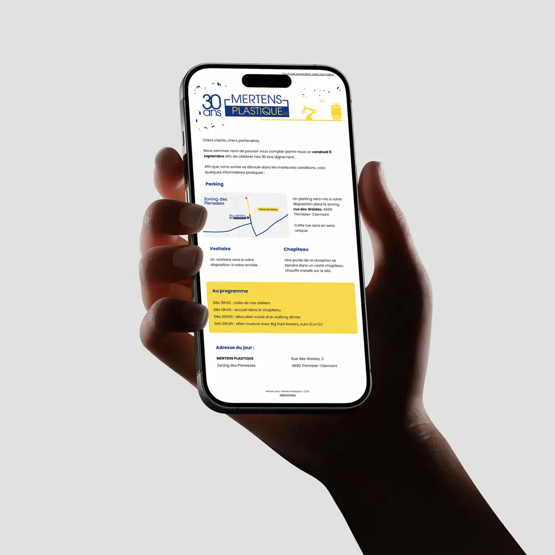 Campagne mailing pour les 30 ans Mertens Plastique - Design de newsletter et contenu graphique diffusés auprès de la clientèle pour promouvoir l'événement